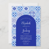 Rustic Blue Arch Portuguese Tile QR Code Wedding 招待状 (正面)