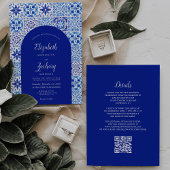 Rustic Blue Arch Portuguese Tile QR Code Wedding 招待状