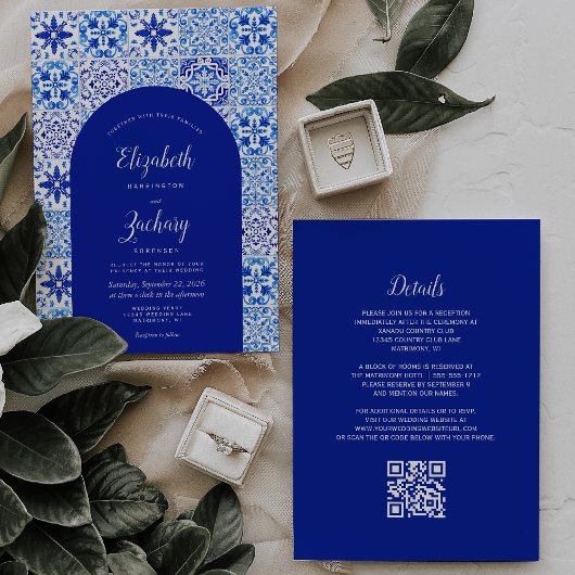 Rustic Blue Arch Portuguese Tile QR Code Wedding 招待状