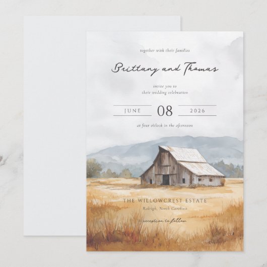 Rustic Blue Barn Watercolor 招待状 (正面/裏面)