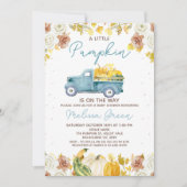Rustic Blue Brown Fall Pumpkin Truck Baby Shower 招待状 (正面)
