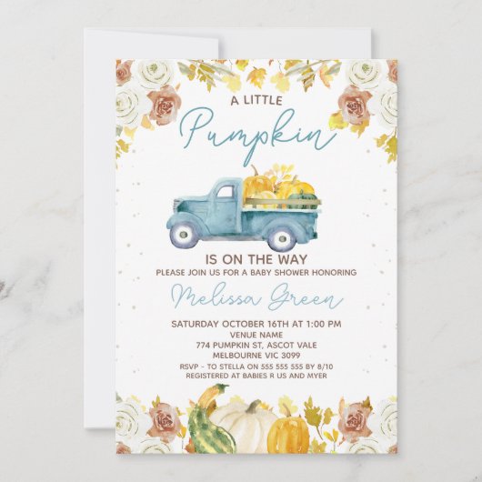 Rustic Blue Brown Fall Pumpkin Truck Baby Shower 招待状 (正面)