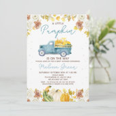 Rustic Blue Brown Fall Pumpkin Truck Baby Shower 招待状 (スタンド正面)