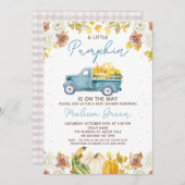 Rustic Blue Brown Fall Pumpkin Truck Baby Shower 招待状 (正面/裏面)