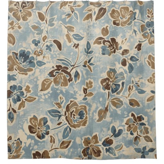 Rustic Blue Brown Tan Floral シャワーカーテン (正面)