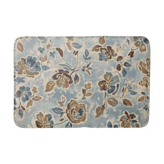 Rustic Blue Brown Tan Floral バスマット (正面)
