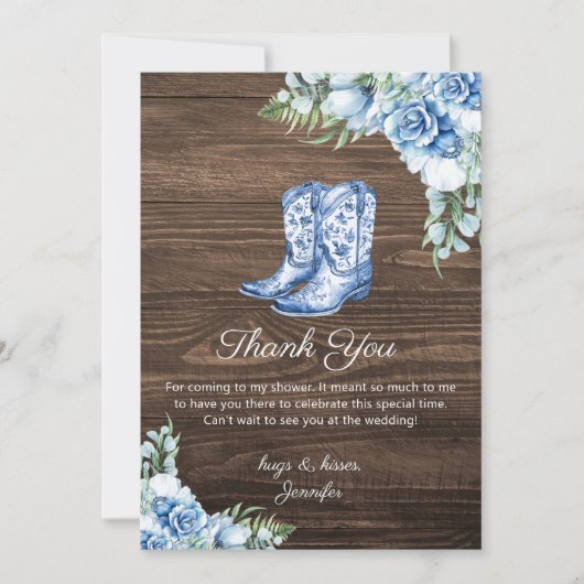 Rustic Blue Cowgirl Boots Bridal Shower Thank You  ノートカード (正面)