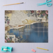 Rustic Blue Denim Ephemera Floral Decoupage Print 薄葉紙 (クラフト)