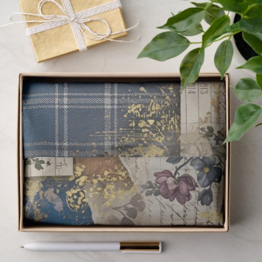 Rustic Blue Denim Ephemera Floral Decoupage Print 薄葉紙 (ギフト)