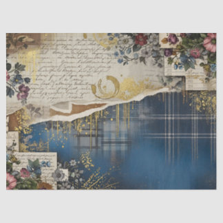 Rustic Blue Denim Ephemera Floral Decoupage Print 薄葉紙