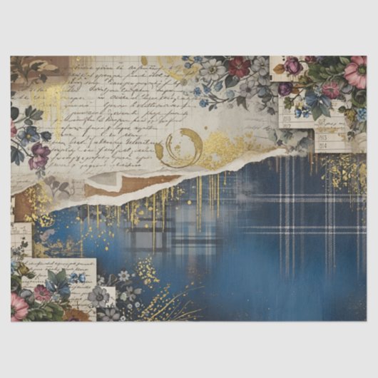 Rustic Blue Denim Ephemera Floral Decoupage Print 薄葉紙 (正面)