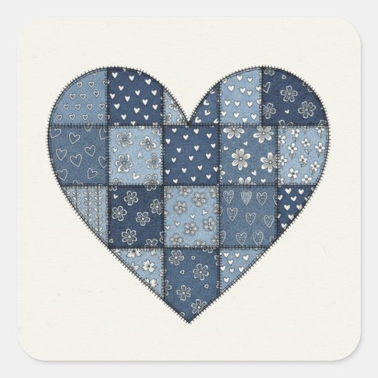 Rustic Blue Denim Patchwork Heart Illustration スクエアシール (正面)