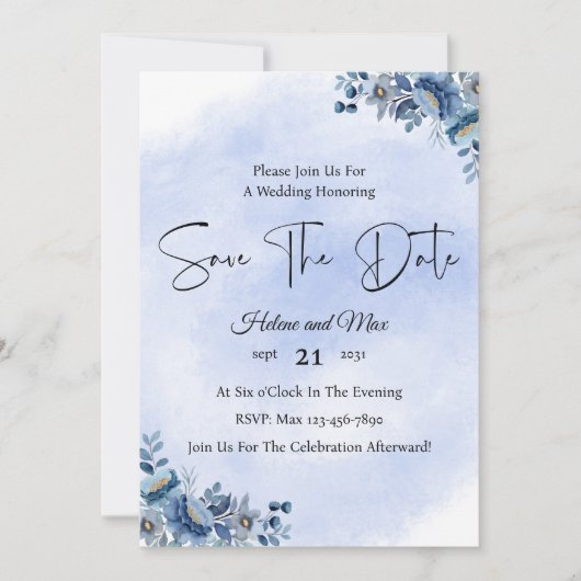 Rustic Blue Floral Wedding Save the Date 招待状 (正面)