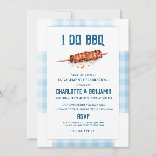 Rustic Blue Gingham I Do BBQ エンゲージメントパーティー 招待状 (正面)