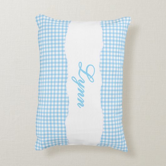 Rustic Blue Gingham Personalized Name アクセントクッション (裏面(縦))