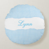 Rustic Blue Gingham Personalized Name ラウンドクッション (正面)