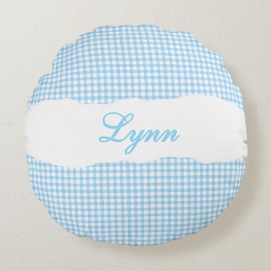 Rustic Blue Gingham Personalized Name ラウンドクッション (正面)