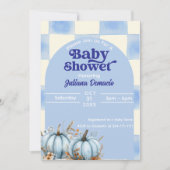 Rustic Blue Gingham Pumpkin Baby Shower 招待状 (正面)