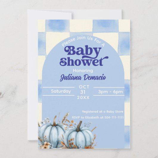 Rustic Blue Gingham Pumpkin Baby Shower 招待状 (正面)