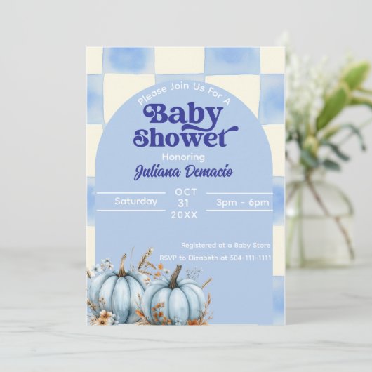Rustic Blue Gingham Pumpkin Baby Shower 招待状 (スタンド正面)