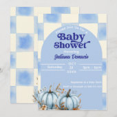 Rustic Blue Gingham Pumpkin Baby Shower 招待状 (正面/裏面)