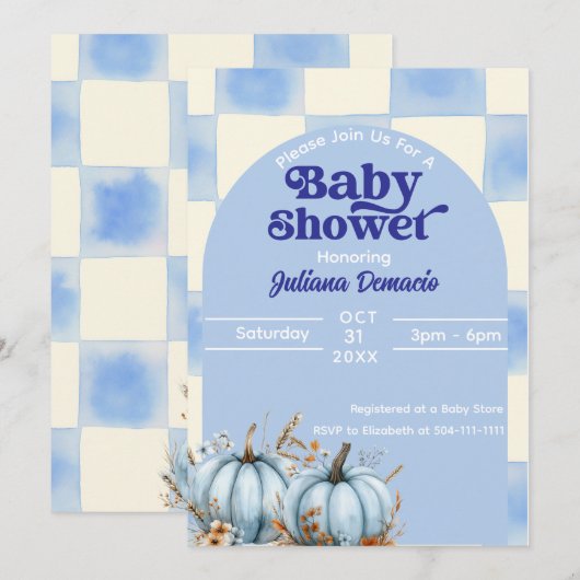Rustic Blue Gingham Pumpkin Baby Shower 招待状 (正面/裏面)