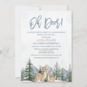 Rustic Blue Green Winter Oh Deer Baby Shower 招待状 (正面)