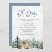 Rustic Blue Green Winter Oh Deer Baby Shower 招待状 (正面/裏面)
