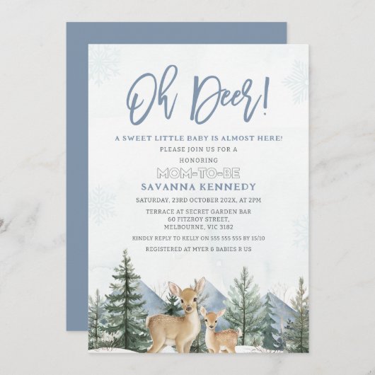 Rustic Blue Green Winter Oh Deer Baby Shower 招待状 (正面/裏面)