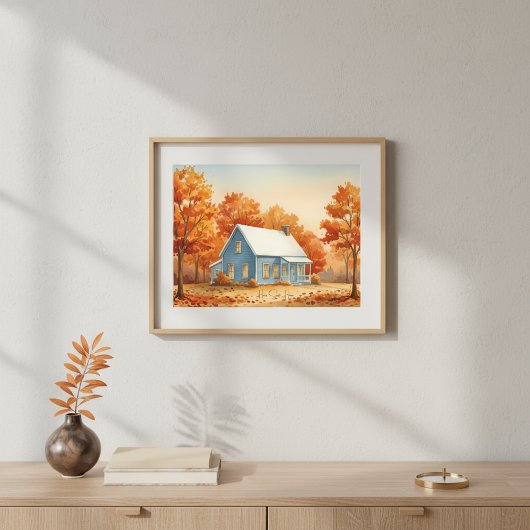Rustic Blue House in Autumn Forest Watercolor ポスター