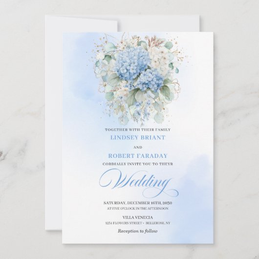 Rustic Blue Hydrangea Eucalyptus Wedding Invitatio 招待状 (正面)