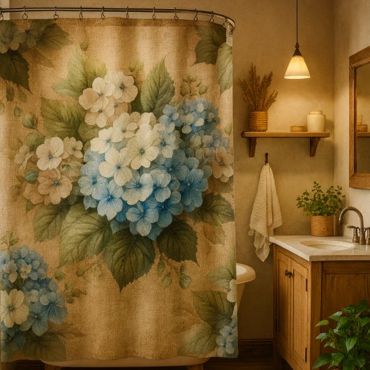 Rustic Blue Hydrangea  Floral Shower Curtain シャワーカーテン