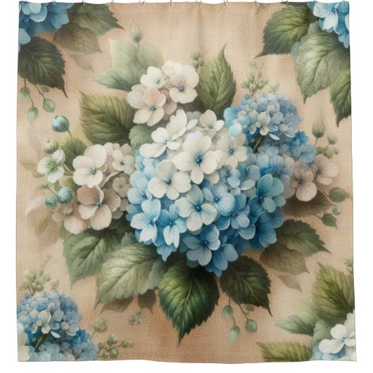Rustic Blue Hydrangea  Floral Shower Curtain シャワーカーテン (正面)