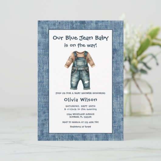 Rustic Blue Jean Boy Baby Shower 招待状 (スタンド正面)