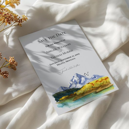 Rustic Blue Mountain Watercolor Save The Date Card セーブザデート