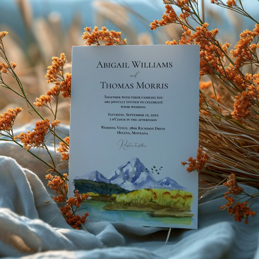 Rustic Blue Mountain Watercolor Wedding Invitation 招待状