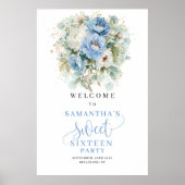 Rustic Blue Peonies 16th Birthday Welcome Sign ポスター (正面)