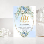 Rustic Blue Peony Gold 60th Birthday Invitation 招待状