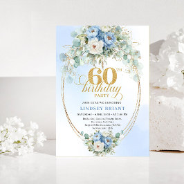 Rustic Blue Peony Gold 60th Birthday Invitation 招待状