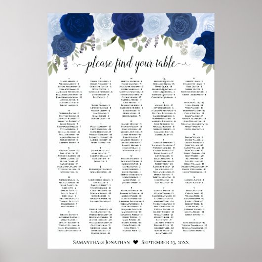 Rustic Blue Roses Wedding Seating Chart A1 Size ポスター (正面)