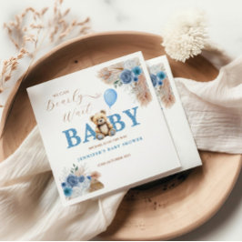 Rustic Blue Teddy Bear Baby Shower Florals Balloon スタンダードカクテルナプキン