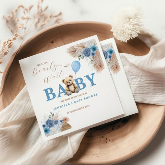 Rustic Blue Teddy Bear Baby Shower Florals Balloon スタンダードカクテルナプキン