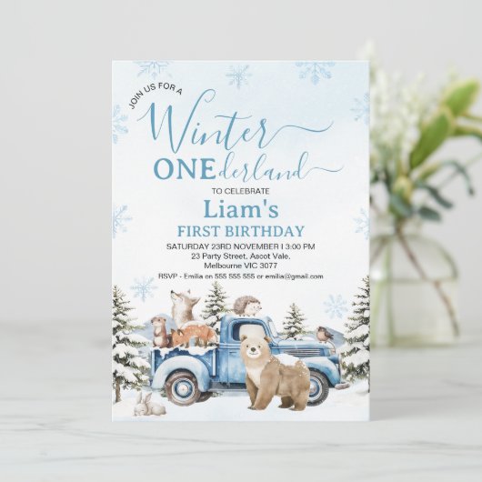 Rustic Blue Truck Bear Winter Onederland Birthday 招待状 (スタンド正面)