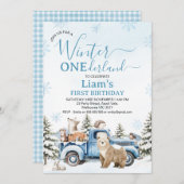 Rustic Blue Truck Bear Winter Onederland Birthday 招待状 (正面/裏面)