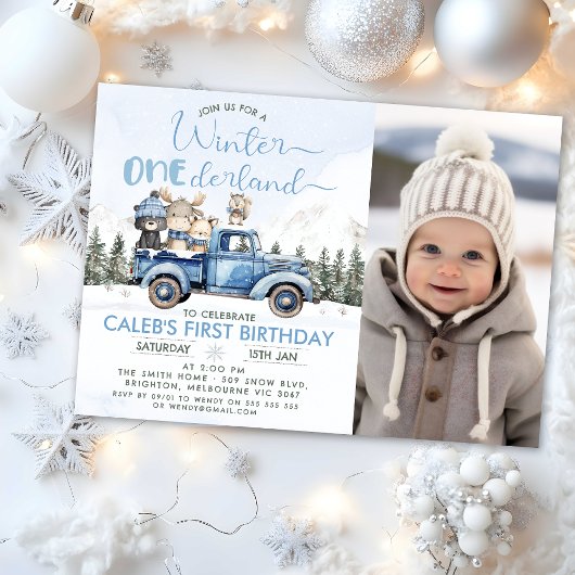 Rustic Blue Truck Winter Onederland 1st Birthday 招待状
