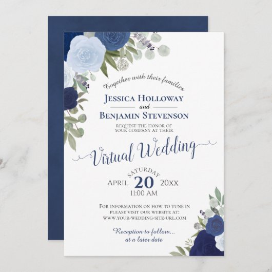 Rustic Blue Watercolor Floral Virtual Wedding 招待状 (正面/裏面)