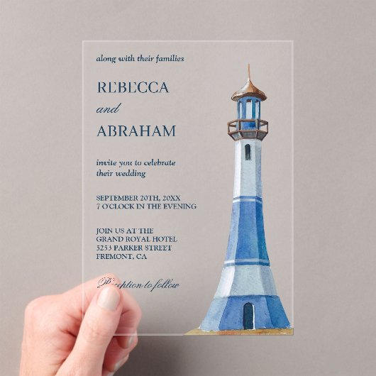 Rustic Blue Watercolor Lighthouse Nautical Wedding アクリル招待状 (インサイチュ (ポータブル))