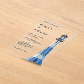 Rustic Blue Watercolor Lighthouse Nautical Wedding アクリル招待状 (レイダウン)