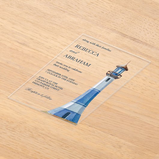 Rustic Blue Watercolor Lighthouse Nautical Wedding アクリル招待状 (レイダウン)