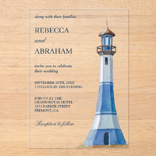 Rustic Blue Watercolor Lighthouse Nautical Wedding アクリル招待状 (正面)